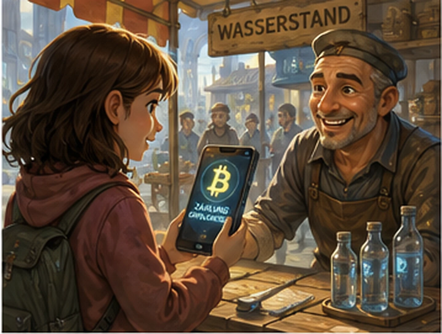 Mira bezahlt am Wasserstand Quellklar ihre erste Flasche Wasser.