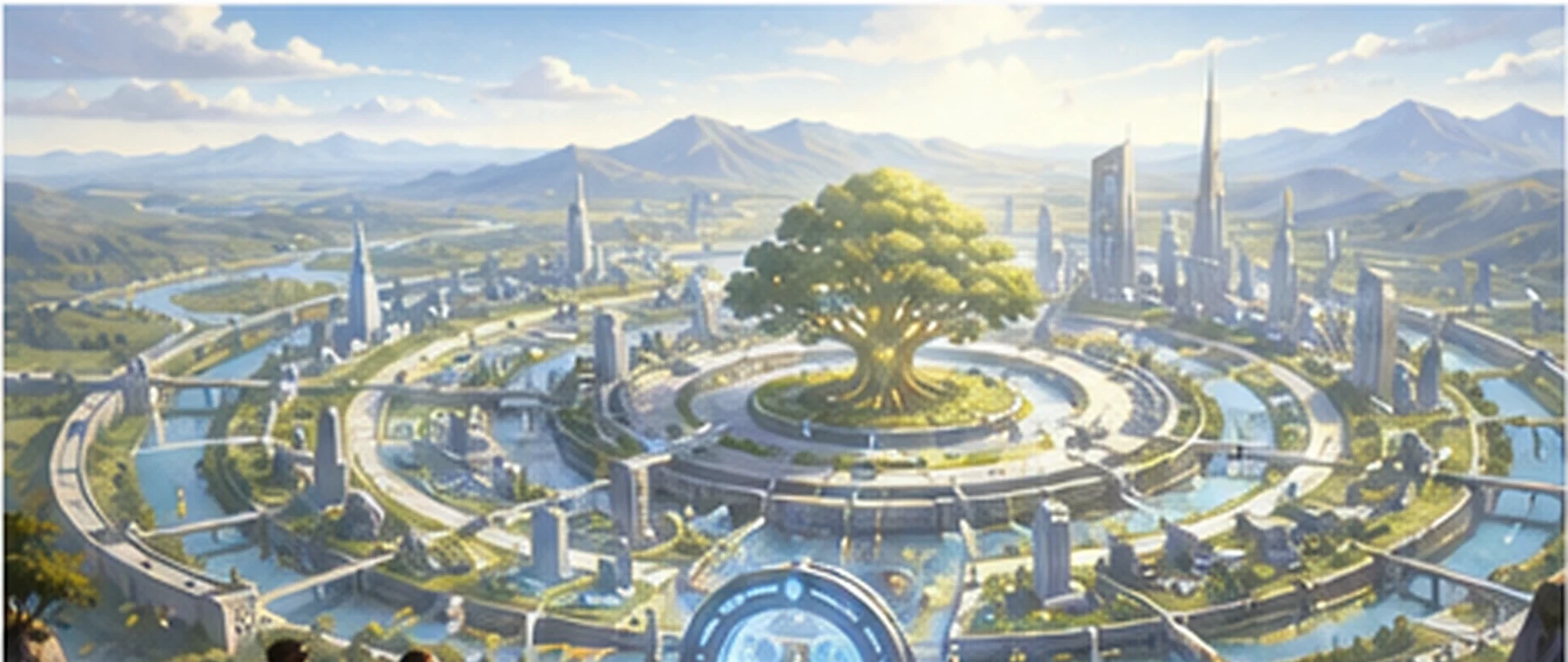 Kryptopolis erscheint hinter dem Nebel als helle futuristische Stadt mit dem Baum der Erkenntnis im Zentrum
