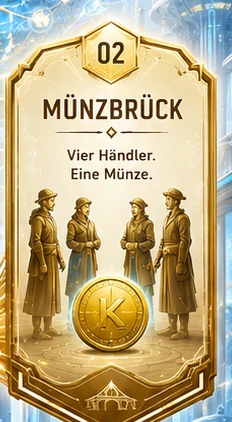 Offizielles Abzeichen Münzbrück: Vier Händler. Eine Münze.