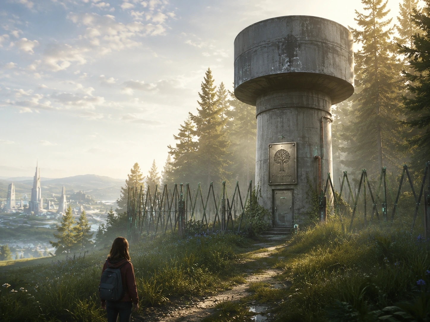 Mira steht auf einem Waldweg vor einem alten Wasserturm. Auf einer Metallplatte sind ein Baum und das Wort Erkenntnis eingraviert.